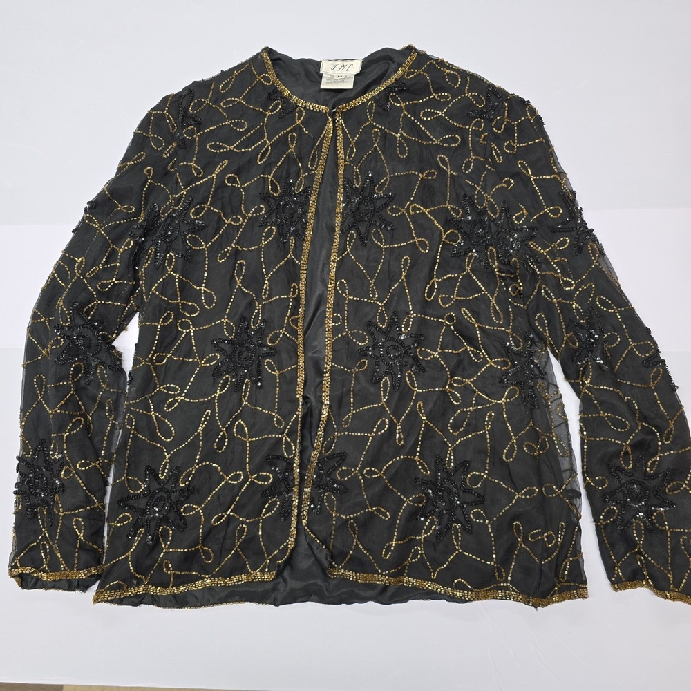 Vintage JMC Black Gold Beaded Silk Jacket Women's‎ Medium Evening Glamour